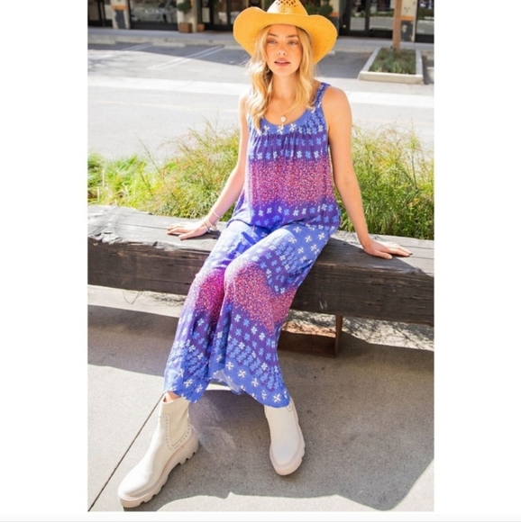 Easel Boho Wide Leg Jumpsuit/Romper Ash Green, Pink & Mocha- RARE COLOR-WAY! - Picture 7 of 8